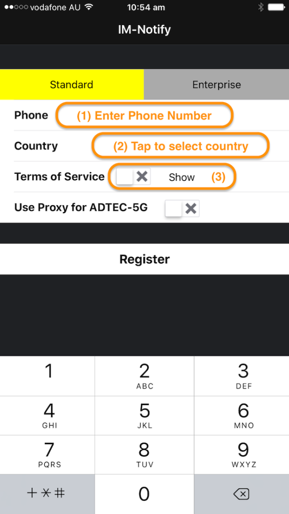 IM-Notify registration screen